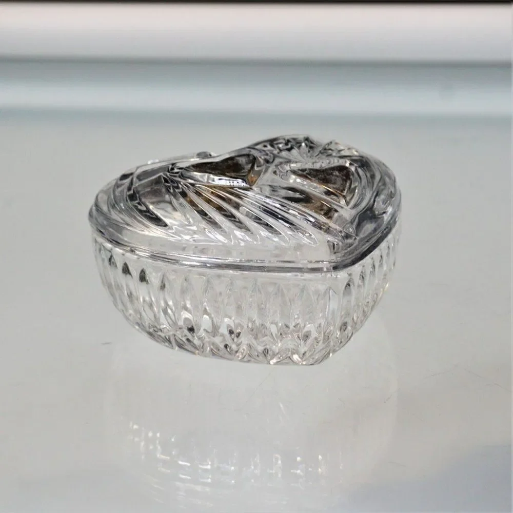 Vintage Trinket Dish Heart Shaped Starburst Crystal Cut Glass Jewelry Box